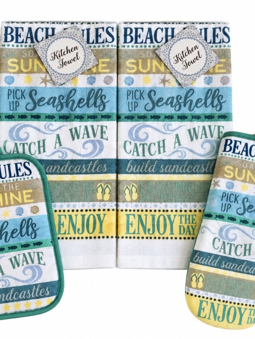 Beach Rules Kitchen Dish Towels Oven Mitt Potholder Set of 4 Beach Summer House